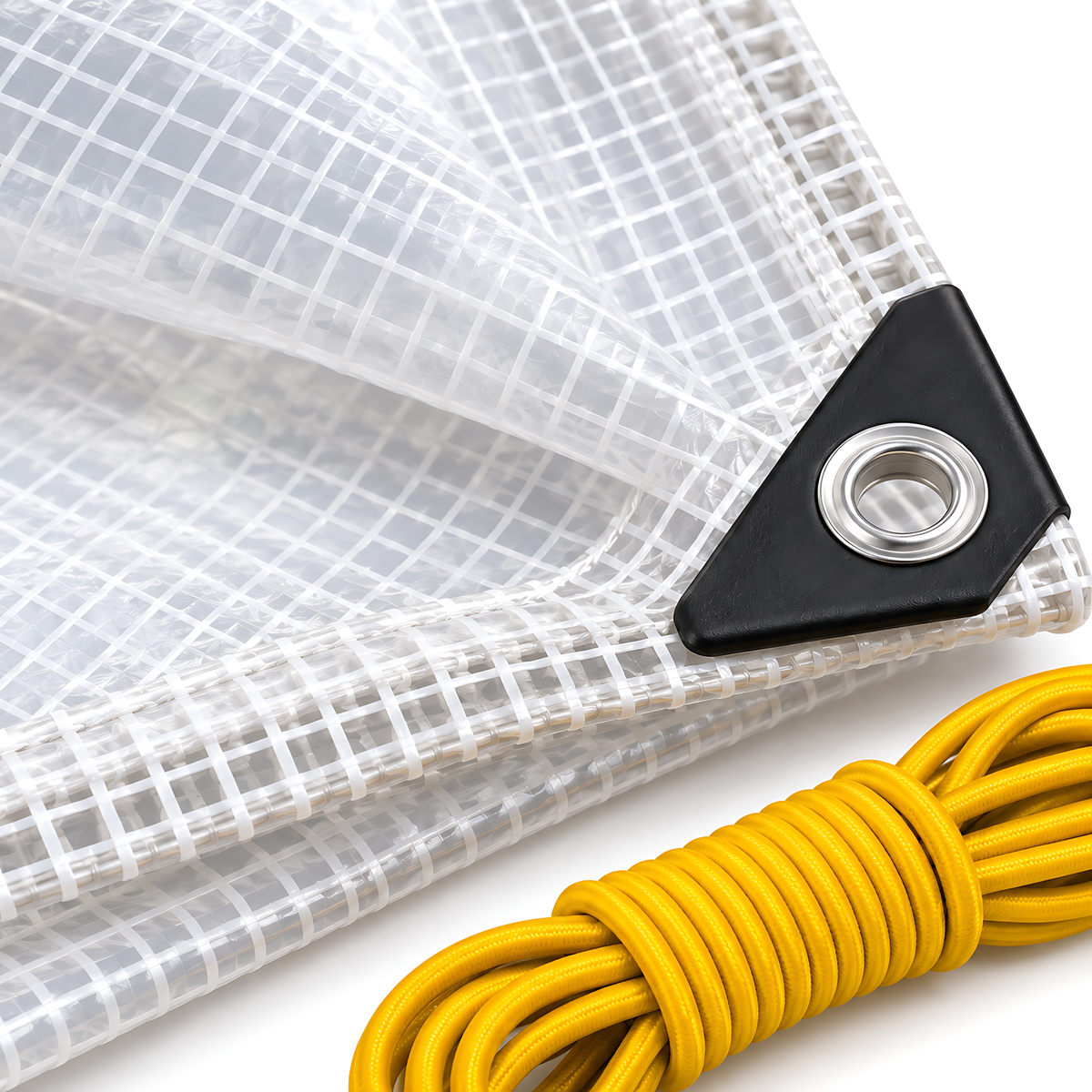 Clear Leno PE Tarpaulin 4m x 5m 100 GSM Waterproof & 10m Yellow Bungee Rope for Greenhouses, UV Resistant, Eyelets Every 1m