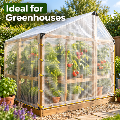 Clear Leno PE Tarpaulin 3m x 3m 100 GSM Waterproof & 10m Yellow Bungee Rope for Greenhouses, UV Resistant, Eyelets Every 1m