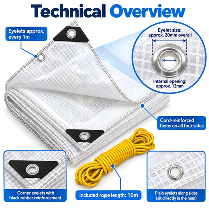 Clear Leno PE Tarpaulin 8m x 8m 100 GSM Waterproof & 10m Yellow Bungee Rope for Greenhouses, UV Resistant, Eyelets Every 1m