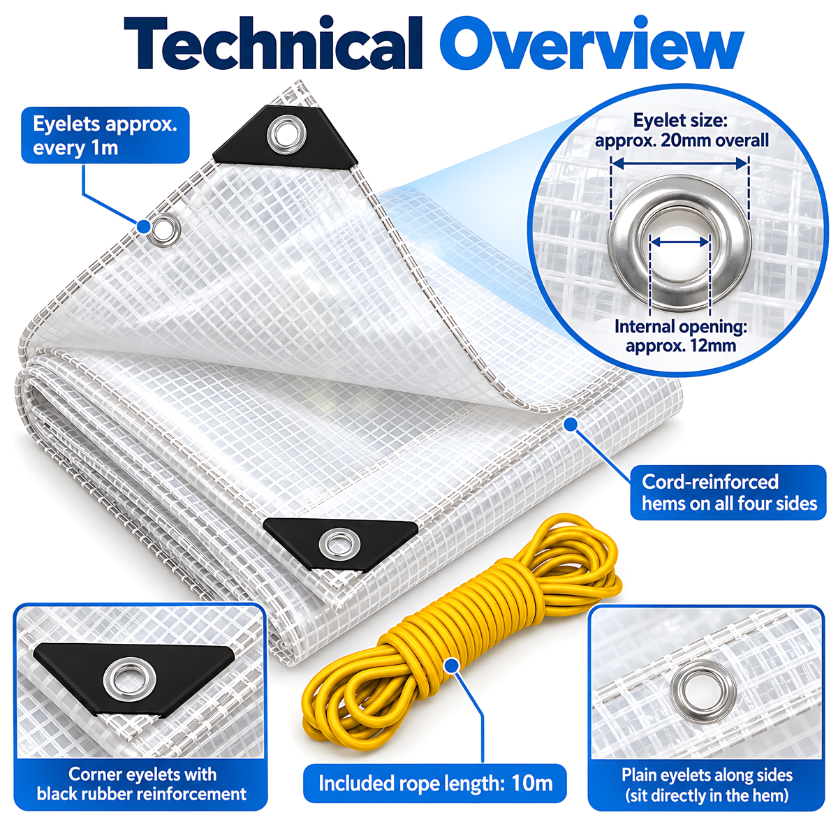 Clear Leno PE Tarpaulin 2m x 3m 100 GSM Waterproof & 10m Yellow Bungee Rope for Greenhouses, UV Resistant, Eyelets Every 1m