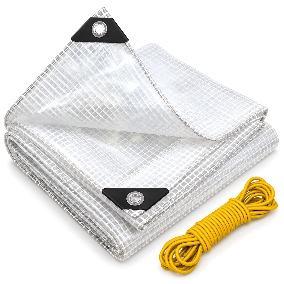 Clear Leno PE Tarpaulin 8m x 10m 100 GSM Waterproof & 10m Yellow Bungee Rope for Greenhouses, UV Resistant, Eyelets Every 1m