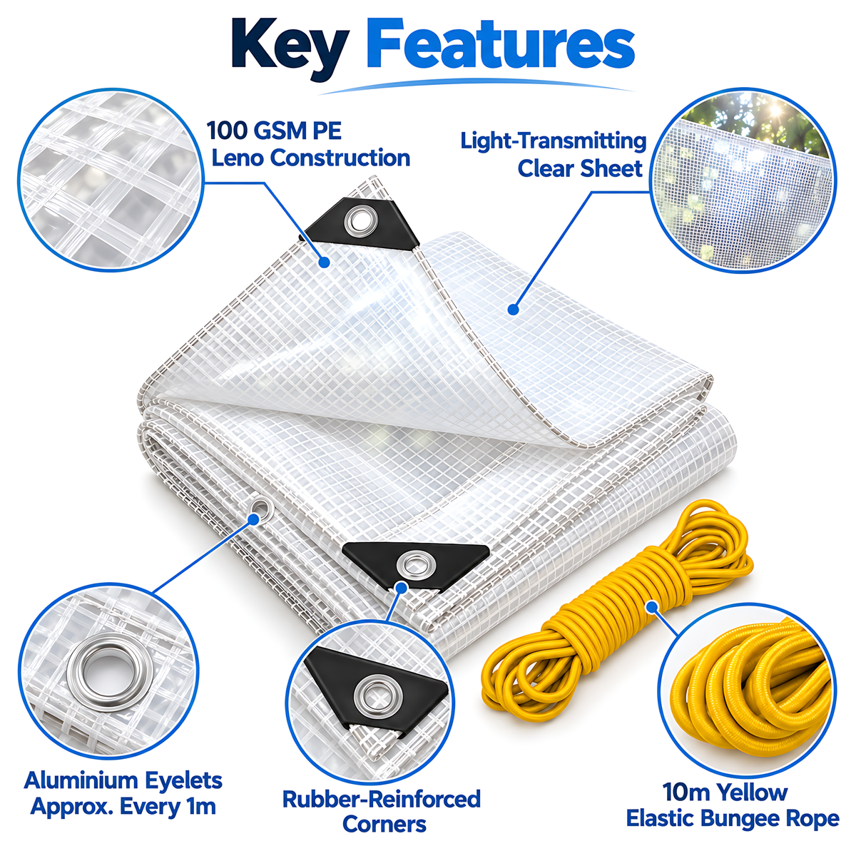 Clear Leno PE Tarpaulin 4m x 5m 100 GSM Waterproof & 10m Yellow Bungee Rope for Greenhouses, UV Resistant, Eyelets Every 1m