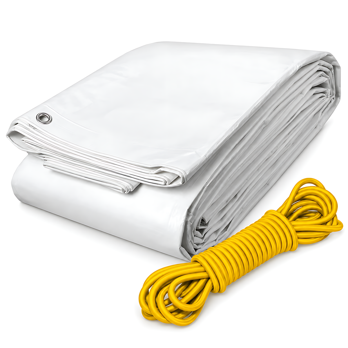 White Tarpaulin 4m x 6m 90 GSM Waterproof & 10m Yellow Bungee Rope, UV Resistant, Aluminium Eyelets at 1m, Cord-Reinforced Hems