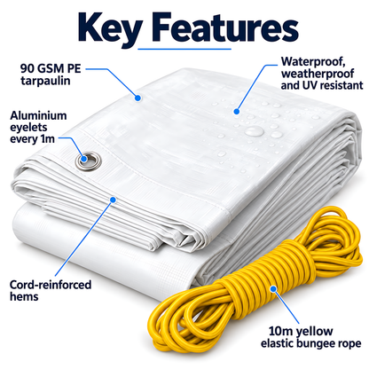 White Tarpaulin 5m x 8m 90 GSM Waterproof & 10m Yellow Bungee Rope, UV Resistant, Aluminium Eyelets at 1m, Cord-Reinforced Hems