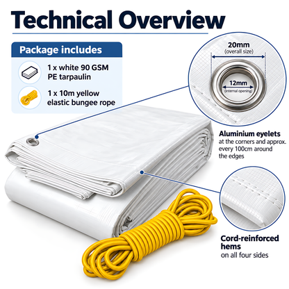 White Tarpaulin 4m x 6m 90 GSM Waterproof & 10m Yellow Bungee Rope, UV Resistant, Aluminium Eyelets at 1m, Cord-Reinforced Hems