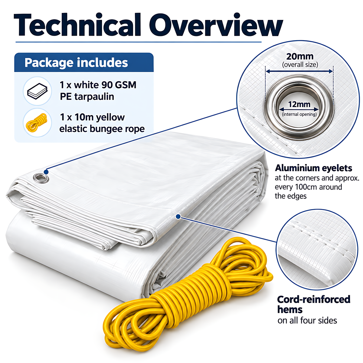 White Tarpaulin 6m x 8m 90 GSM Waterproof & 10m Yellow Bungee Rope, UV Resistant, Aluminium Eyelets at 1m, Cord-Reinforced Hems