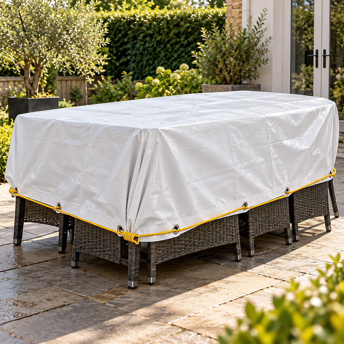 White Tarpaulin 4m x 4m 90 GSM Waterproof & 10m Yellow Bungee Rope, UV Resistant, Aluminium Eyelets at 1m, Cord-Reinforced Hems