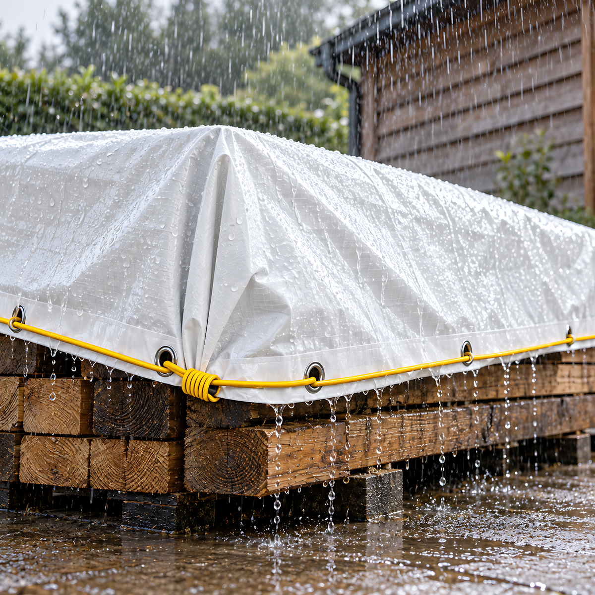 White Tarpaulin 4m x 5m 90 GSM Waterproof & 10m Yellow Bungee Rope, UV Resistant, Aluminium Eyelets at 1m, Cord-Reinforced Hems
