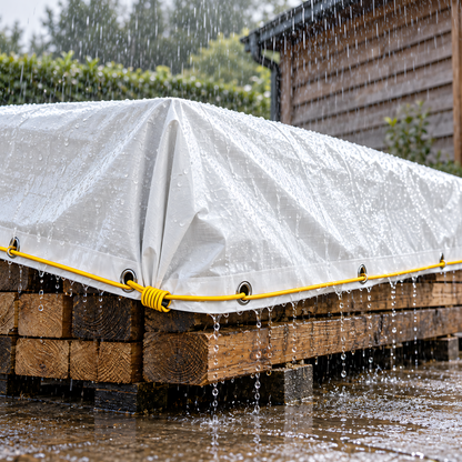White Tarpaulin 6m x 8m 90 GSM Waterproof & 10m Yellow Bungee Rope, UV Resistant, Aluminium Eyelets at 1m, Cord-Reinforced Hems