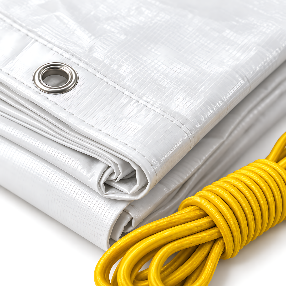 White Tarpaulin 5m x 8m 90 GSM Waterproof & 10m Yellow Bungee Rope, UV Resistant, Aluminium Eyelets at 1m, Cord-Reinforced Hems