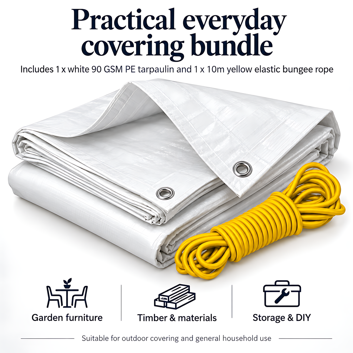 White Tarpaulin 2m x 2m 90 GSM Waterproof & 10m Yellow Bungee Rope, UV Resistant, Aluminium Eyelets at 1m, Cord-Reinforced Hems
