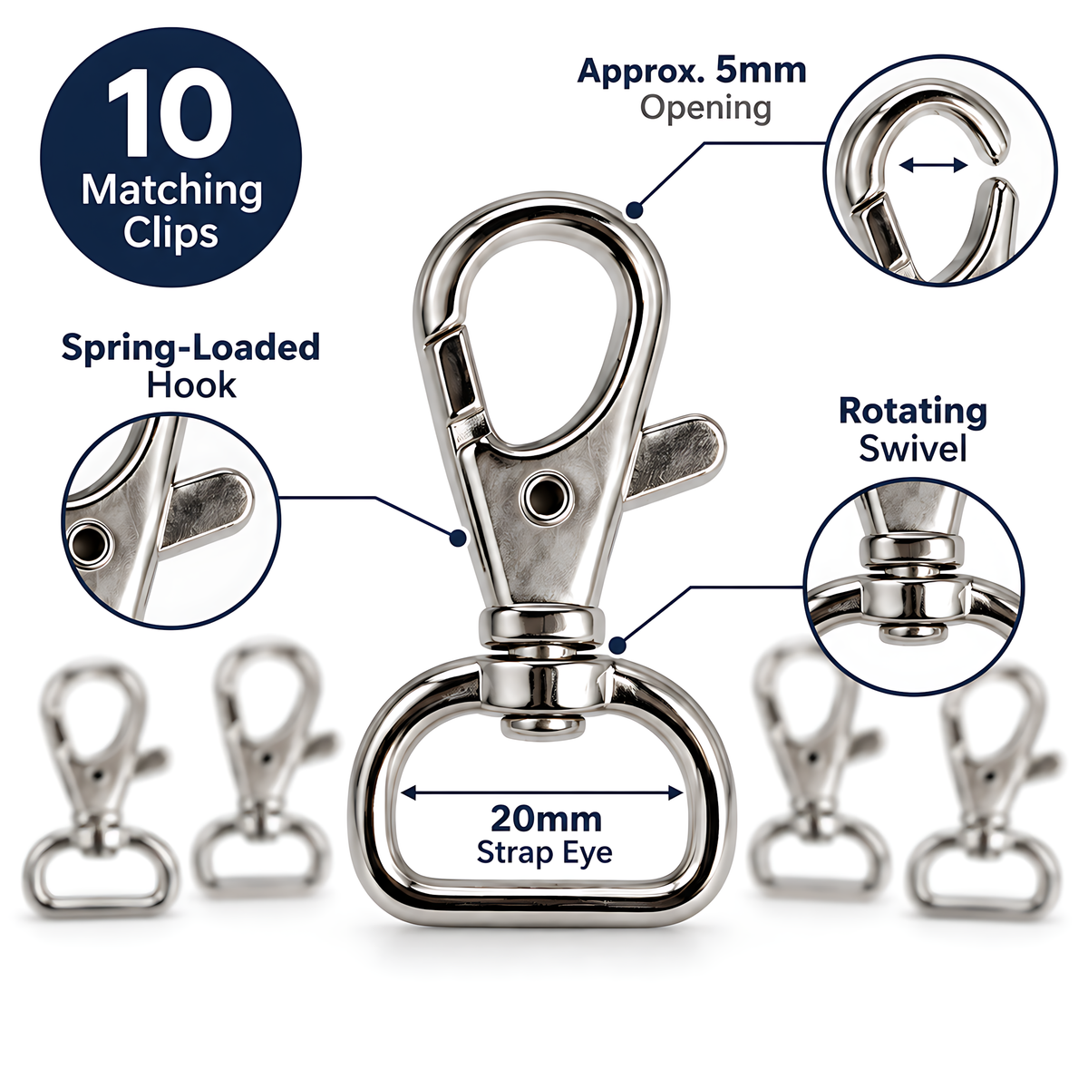 10 Pack 20mm Metal Swivel Snap Hooks for Bag Straps, Lanyards, Webbing, Handbags, Wristlets, Key Fobs, Sewing, Crafts, 5mm Metal Opening