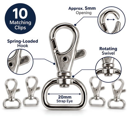 10 Pack 20mm Metal Swivel Snap Hooks for Bag Straps, Lanyards, Webbing, Handbags, Wristlets, Key Fobs, Sewing, Crafts, 5mm Metal Opening