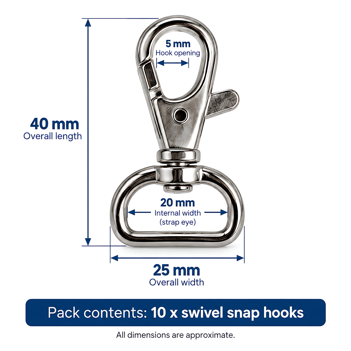10 Pack 20mm Metal Swivel Snap Hooks for Bag Straps, Lanyards, Webbing, Handbags, Wristlets, Key Fobs, Sewing, Crafts, 5mm Metal Opening