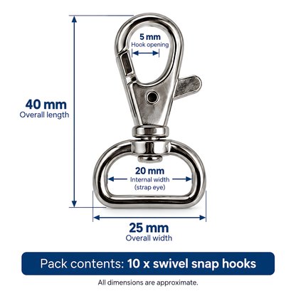 10 Pack 20mm Metal Swivel Snap Hooks for Bag Straps, Lanyards, Webbing, Handbags, Wristlets, Key Fobs, Sewing, Crafts, 5mm Metal Opening