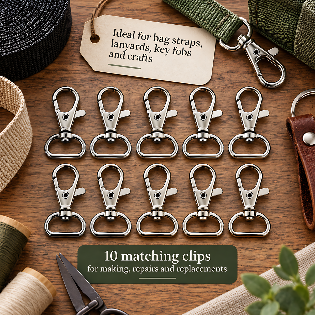 10 Pack 20mm Metal Swivel Snap Hooks for Bag Straps, Lanyards, Webbing, Handbags, Wristlets, Key Fobs, Sewing, Crafts, 5mm Metal Opening