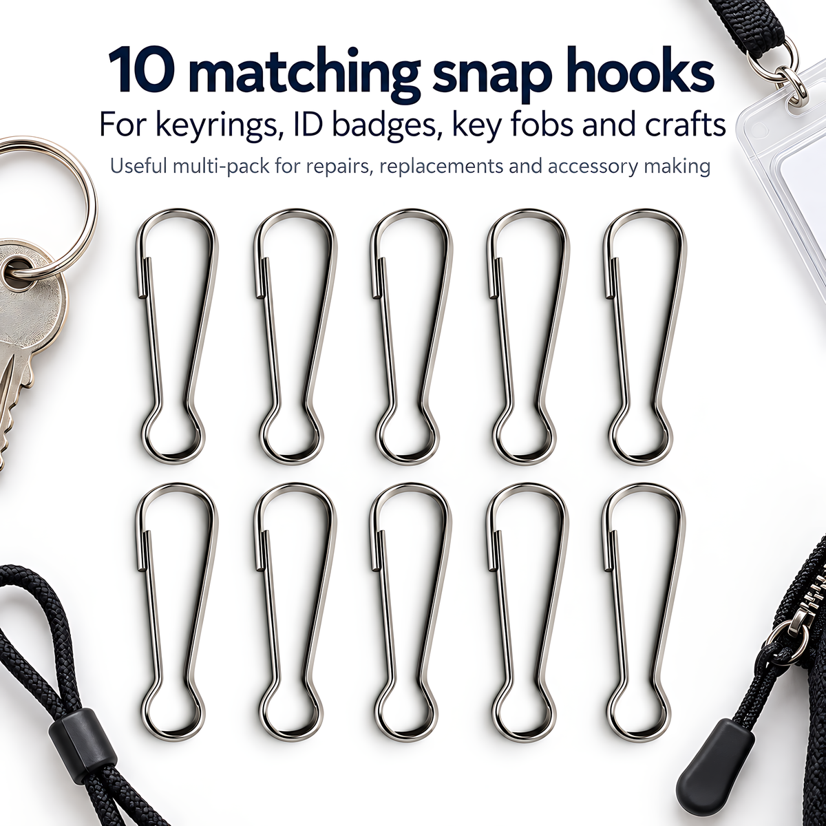 10 Pack 45mm Metal Lanyard Snap Hooks for Keyrings, ID Badges, Key Fobs, Crafts, Neck Straps, Name Cards, Zip Pulls, DIY Repairs