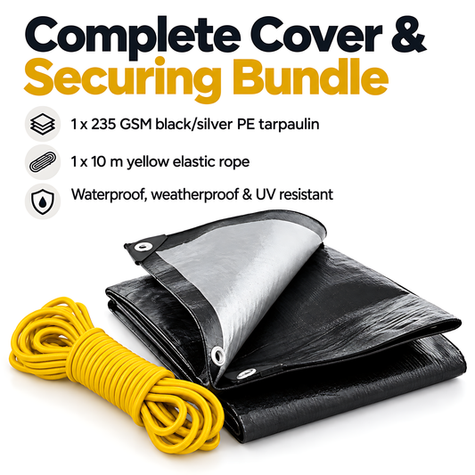 Heavy Duty Black/Silver Tarpaulin 2m x 3m 235 GSM Waterproof & 10m Yellow Rope, UV Resistant, Eyelets Every 1m, Rubber Corners
