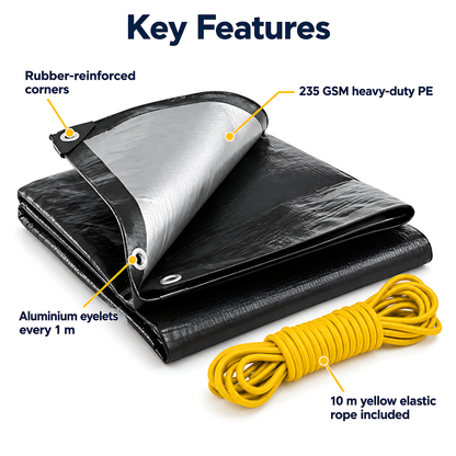 Heavy Duty Black/Silver Tarpaulin 2m x 3m 235 GSM Waterproof & 10m Yellow Rope, UV Resistant, Eyelets Every 1m, Rubber Corners