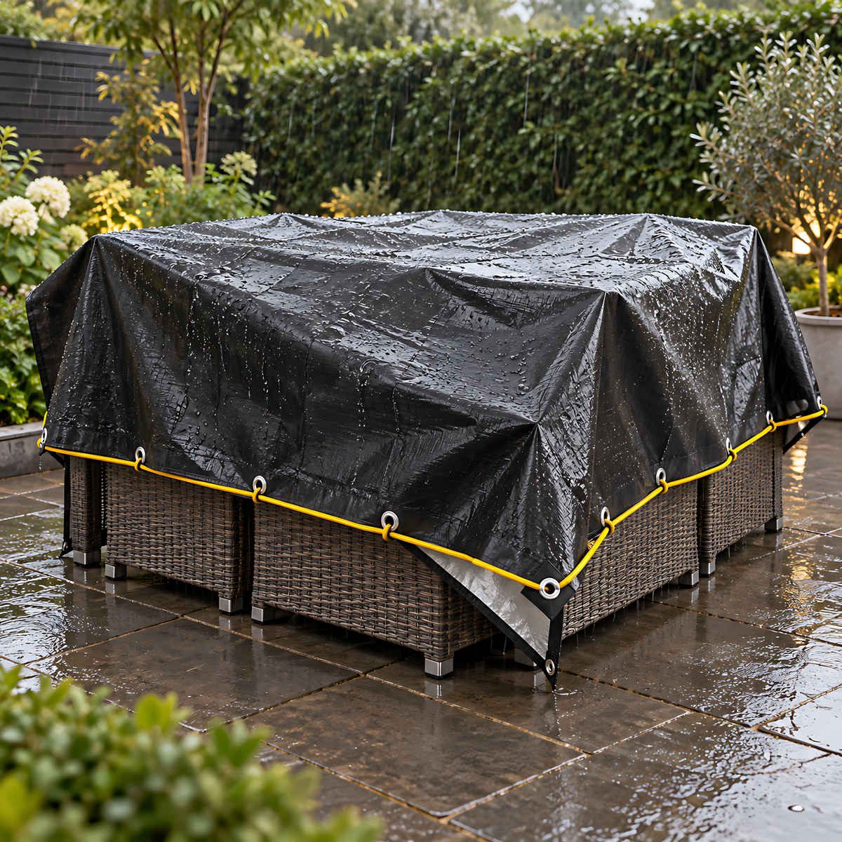 Heavy Duty Black/Silver Tarpaulin 4m x 6m 235 GSM Waterproof & 10m Yellow Rope, UV Resistant, Eyelets Every 1m, Rubber Corners