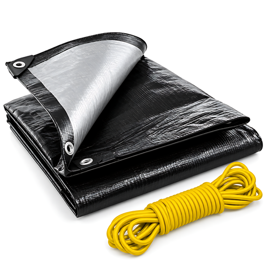 Heavy Duty Black/Silver Tarpaulin 3m x 4m 235 GSM Waterproof & 10m Yellow Rope, UV Resistant, Eyelets Every 1m, Rubber Corners