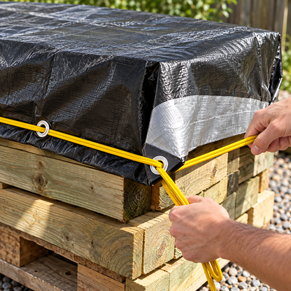 Heavy Duty Black/Silver Tarpaulin 2m x 3m 235 GSM Waterproof & 10m Yellow Rope, UV Resistant, Eyelets Every 1m, Rubber Corners