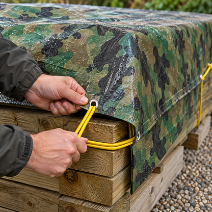 Camouflage Tarpaulin 5m x 6m 85 GSM Waterproof with 10m Yellow Elastic Bungee Rope for Camping, UV Resistant, Eyelets Every 1m