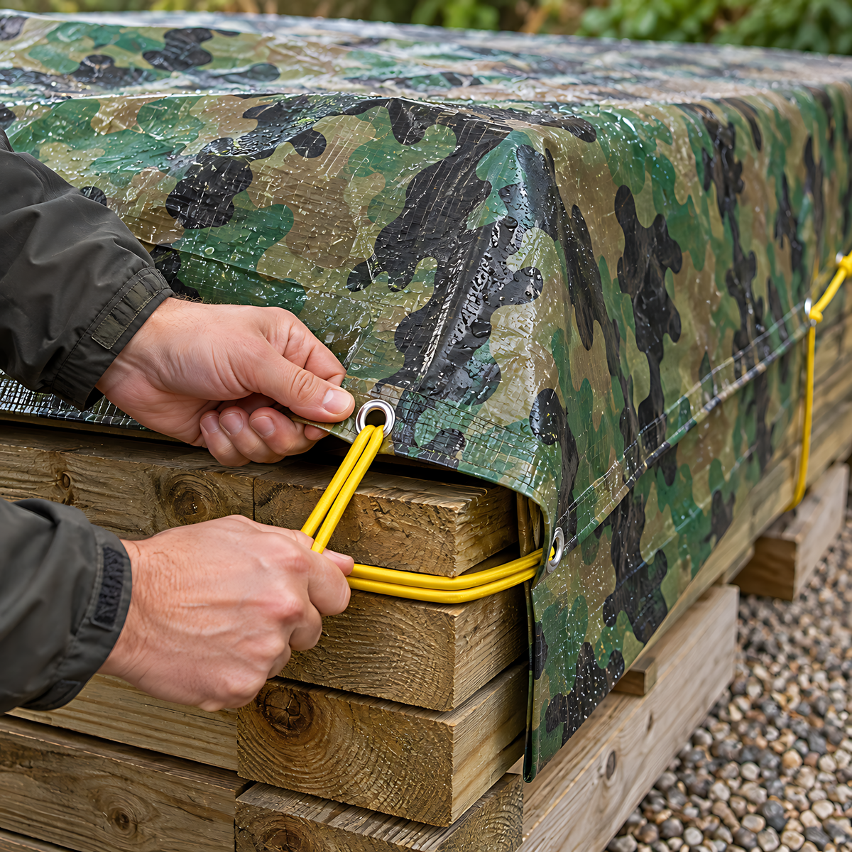 Camouflage Tarpaulin 4m x 5m 85 GSM Waterproof with 10m Yellow Elastic Bungee Rope for Camping, UV Resistant, Eyelets Every 1m