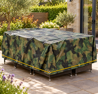 Camouflage Tarpaulin 4m x 4m 85 GSM Waterproof with 10m Yellow Elastic Bungee Rope for Camping, UV Resistant, Eyelets Every 1m
