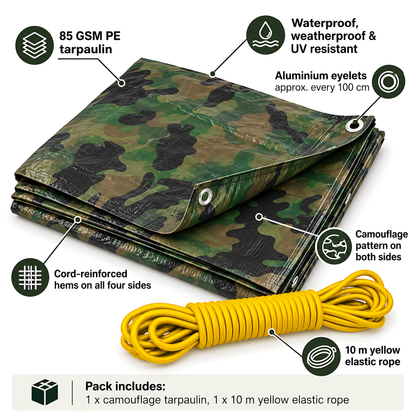 Camouflage Tarpaulin 4m x 4m 85 GSM Waterproof with 10m Yellow Elastic Bungee Rope for Camping, UV Resistant, Eyelets Every 1m
