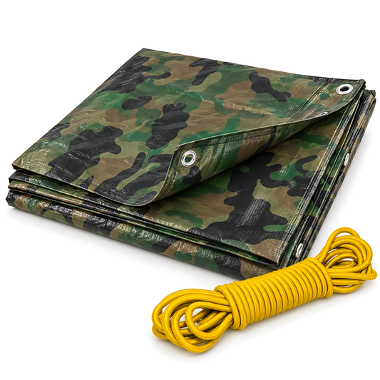 Camouflage Tarpaulin 6m x 6m 85 GSM Waterproof with 10m Yellow Elastic Bungee Rope for Camping, UV Resistant, Eyelets Every 1m