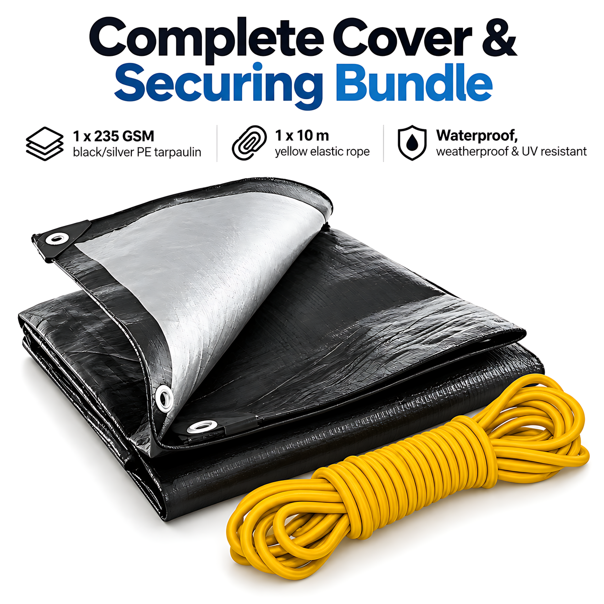 Heavy Duty Black/Silver Tarpaulin 1.5m x 2m 235 GSM Waterproof & 10m Yellow Rope, UV Resistant, Eyelets Every 1m, Rubber Corners
