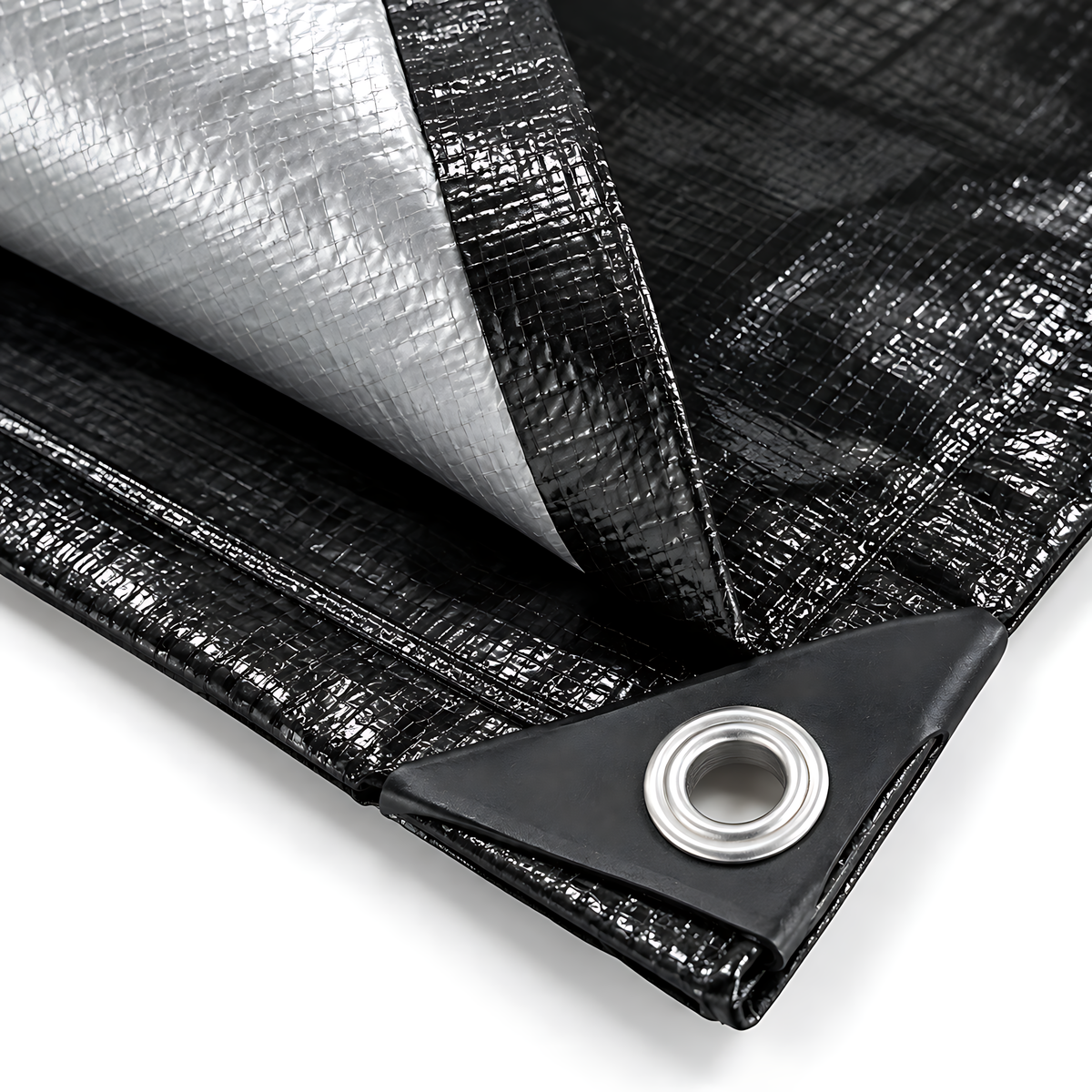 Heavy Duty Black/Silver Tarpaulin 2m x 2m 235 GSM Waterproof & 10m Yellow Rope, UV Resistant, Eyelets Every 1m, Rubber Corners