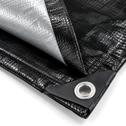 Heavy Duty Black/Silver Tarpaulin 4m x 6m 235 GSM Waterproof & 10m Yellow Rope, UV Resistant, Eyelets Every 1m, Rubber Corners