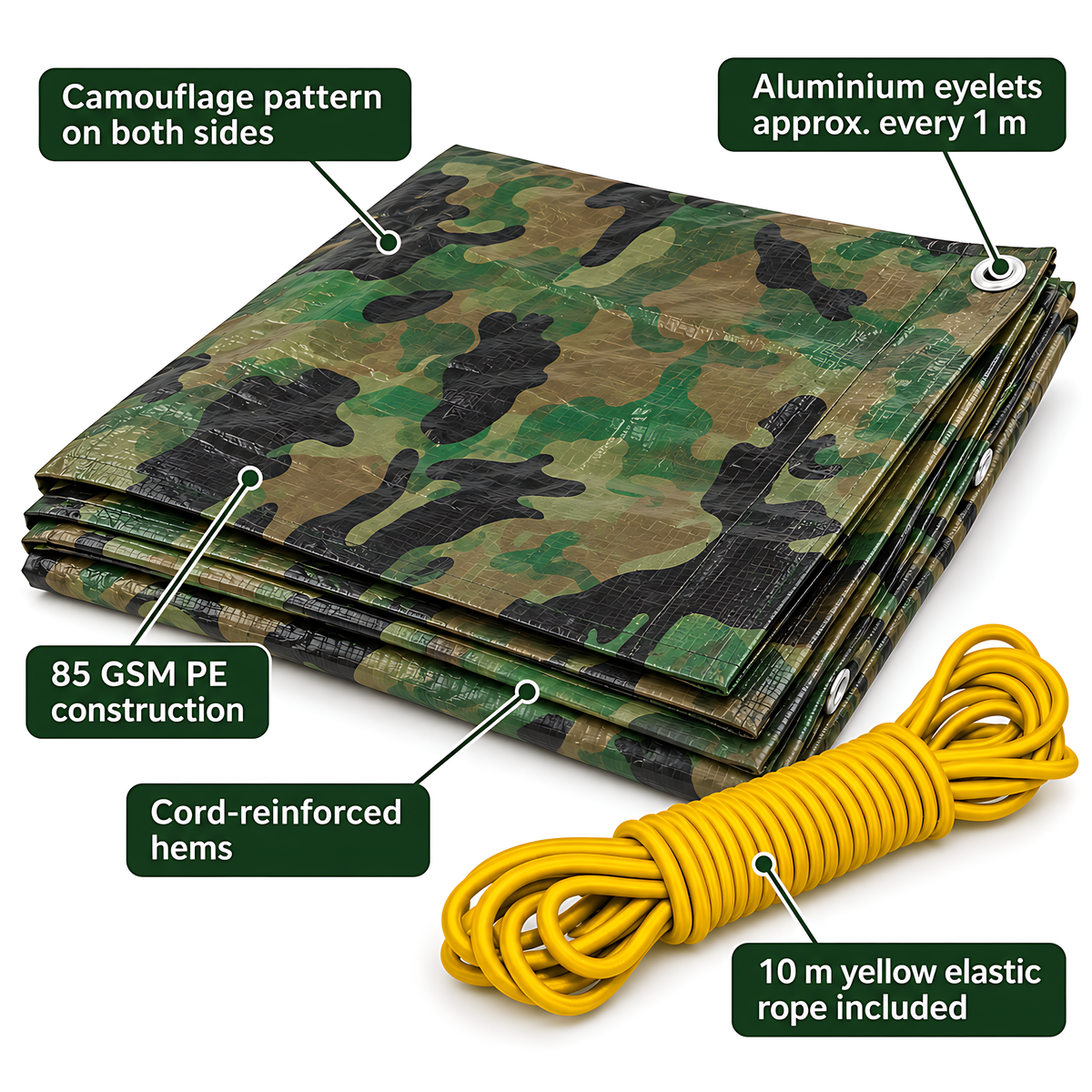 Camouflage Tarpaulin 5m x 6m 85 GSM Waterproof with 10m Yellow Elastic Bungee Rope for Camping, UV Resistant, Eyelets Every 1m