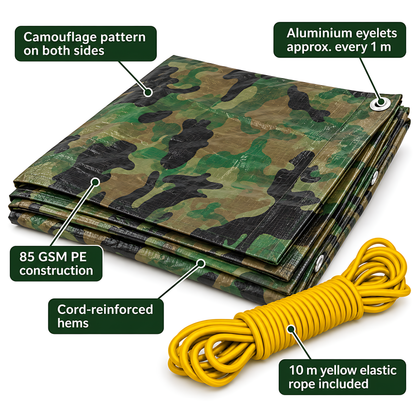 Camouflage Tarpaulin 4m x 6m 85 GSM Waterproof with 10m Yellow Elastic Bungee Rope for Camping, UV Resistant, Eyelets Every 1m