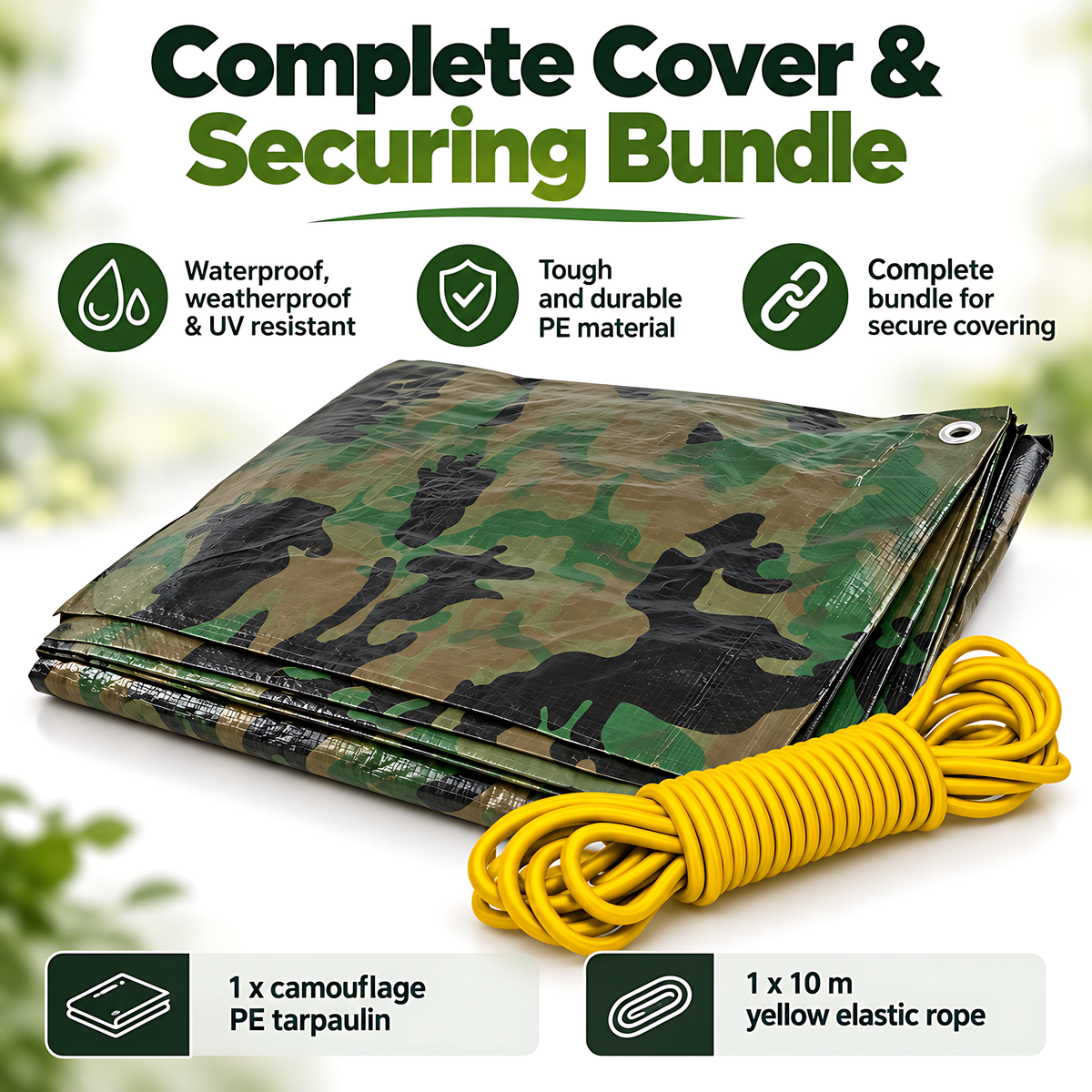 Camouflage Tarpaulin 2m x 3m 85 GSM Waterproof with 10m Yellow Elastic Bungee Rope for Camping, UV Resistant, Eyelets Every 1m