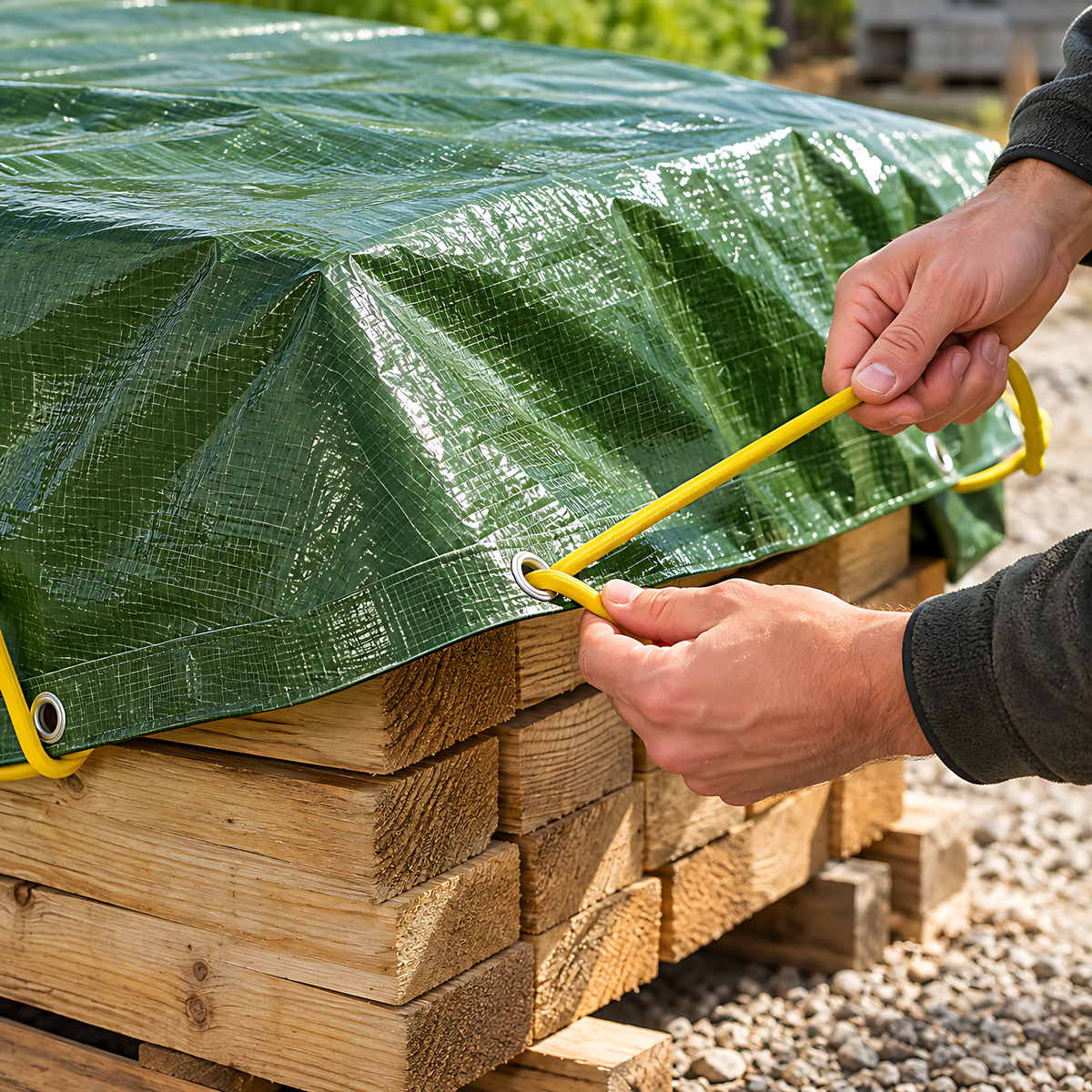Green Tarpaulin 6m x 10m 90 GSM Waterproof & 10m Yellow Bungee Rope, UV Resistant, Aluminium Eyelets at 1m, Cord-Reinforced Hems