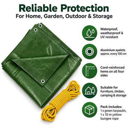 Green Tarpaulin 5m x 6m 90 GSM Waterproof & 10m Yellow Bungee Rope, UV Resistant, Aluminium Eyelets at 1m, Cord-Reinforced Hems