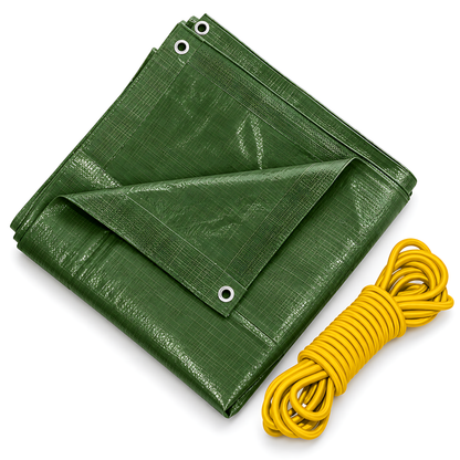 Green Tarpaulin 8m x 10m 90 GSM Waterproof & 10m Yellow Bungee Rope, UV Resistant, Aluminium Eyelets at 1m, Cord-Reinforced Hems