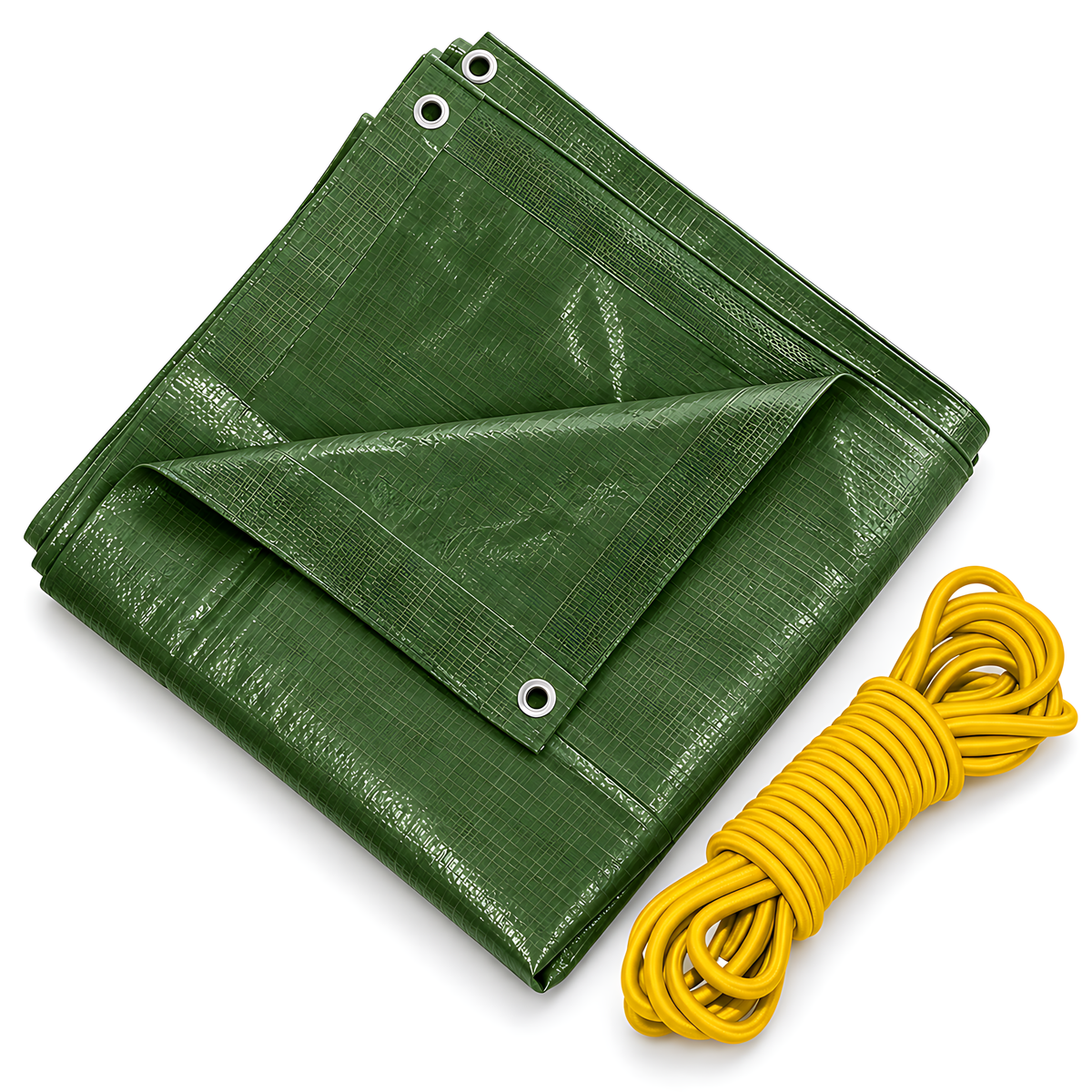 Green Tarpaulin 6m x 10m 90 GSM Waterproof & 10m Yellow Bungee Rope, UV Resistant, Aluminium Eyelets at 1m, Cord-Reinforced Hems