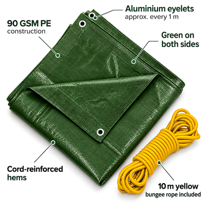 Green Tarpaulin 5m x 6m 90 GSM Waterproof & 10m Yellow Bungee Rope, UV Resistant, Aluminium Eyelets at 1m, Cord-Reinforced Hems