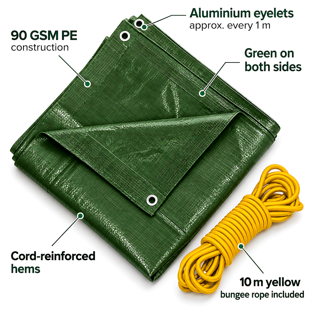 Green Tarpaulin 2m x 3m 90 GSM Waterproof & 10m Yellow Bungee Rope, UV Resistant, Aluminium Eyelets at 1m, Cord-Reinforced Hems