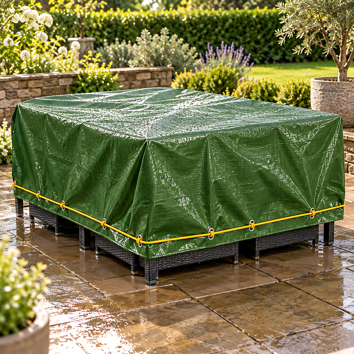 Green Tarpaulin 5m x 8m 90 GSM Waterproof & 10m Yellow Bungee Rope, UV Resistant, Aluminium Eyelets at 1m, Cord-Reinforced Hems