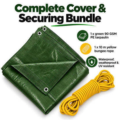 Green Tarpaulin 4m x 6m 90 GSM Waterproof & 10m Yellow Bungee Rope, UV Resistant, Aluminium Eyelets at 1m, Cord-Reinforced Hems
