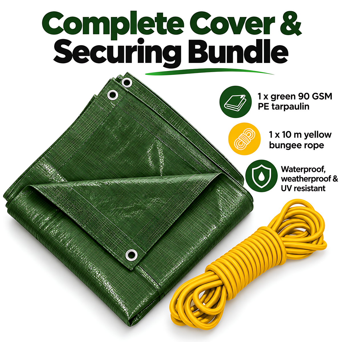 Green Tarpaulin 6m x 8m 90 GSM Waterproof & 10m Yellow Bungee Rope, UV Resistant, Aluminium Eyelets at 1m, Cord-Reinforced Hems
