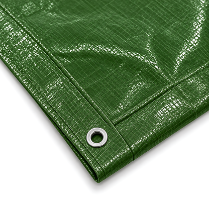 Green Tarpaulin 2m x 2m 90 GSM Waterproof & 10m Yellow Bungee Rope, UV Resistant, Aluminium Eyelets at 1m, Cord-Reinforced Hems