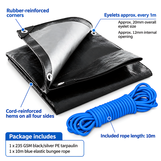 Heavy Duty Black Silver Tarpaulin 3m x 3m 235 GSM Waterproof with 10m Blue Bungee Rope, UV Resistant, 1m Eyelets, Rubber Corners