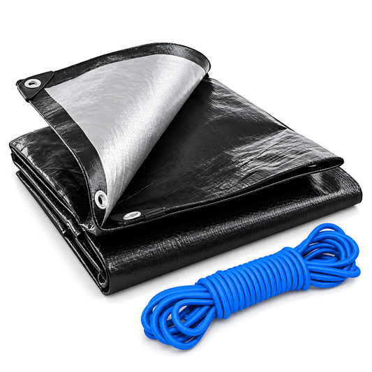 Heavy Duty Black Silver Tarpaulin 3m x 3m 235 GSM Waterproof with 10m Blue Bungee Rope, UV Resistant, 1m Eyelets, Rubber Corners