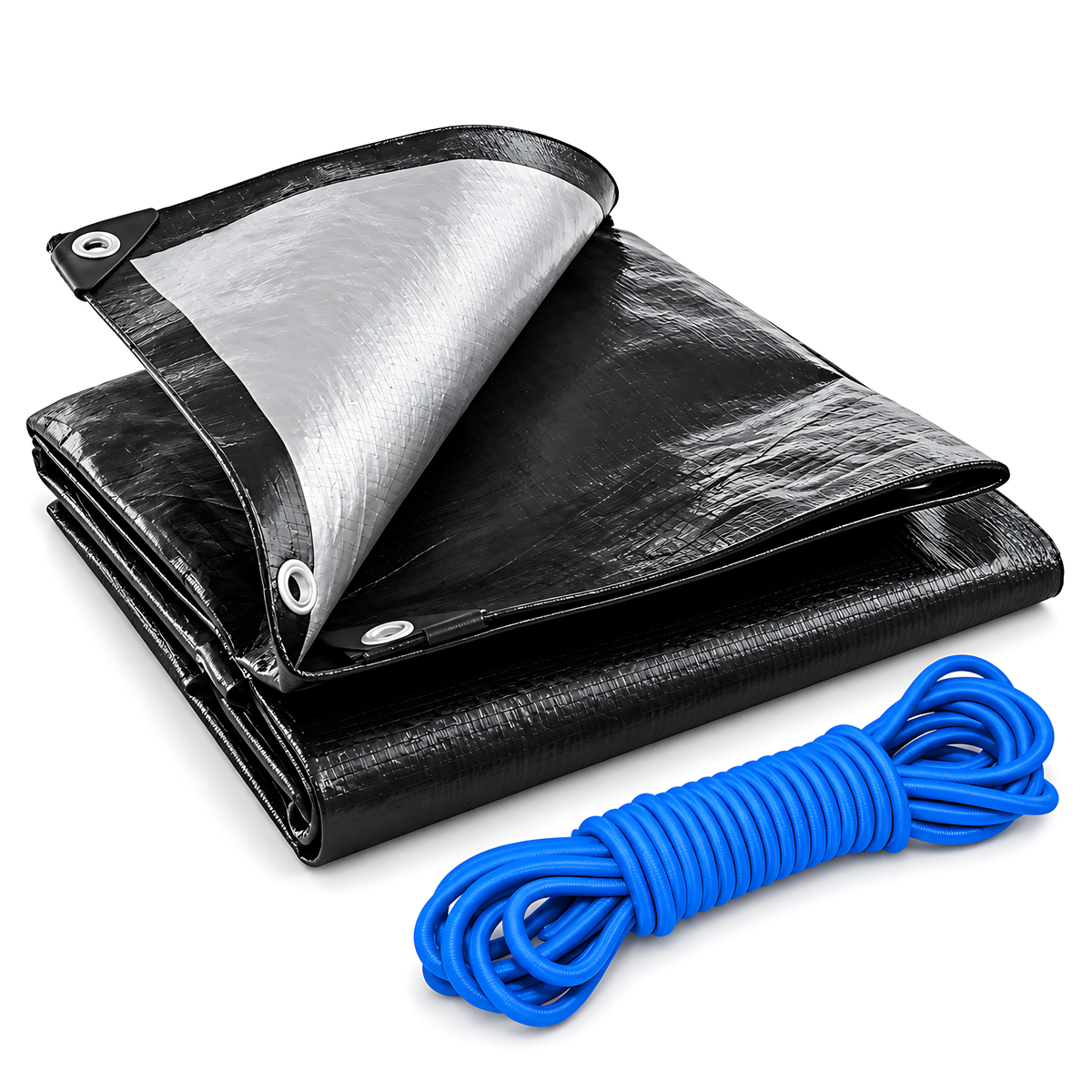 Heavy Duty Black Silver Tarpaulin 1.5m x 2m 235 GSM Waterproof with 10m Blue Bungee Rope, UV Resistant, 1m Eyelets, Rubber Corners